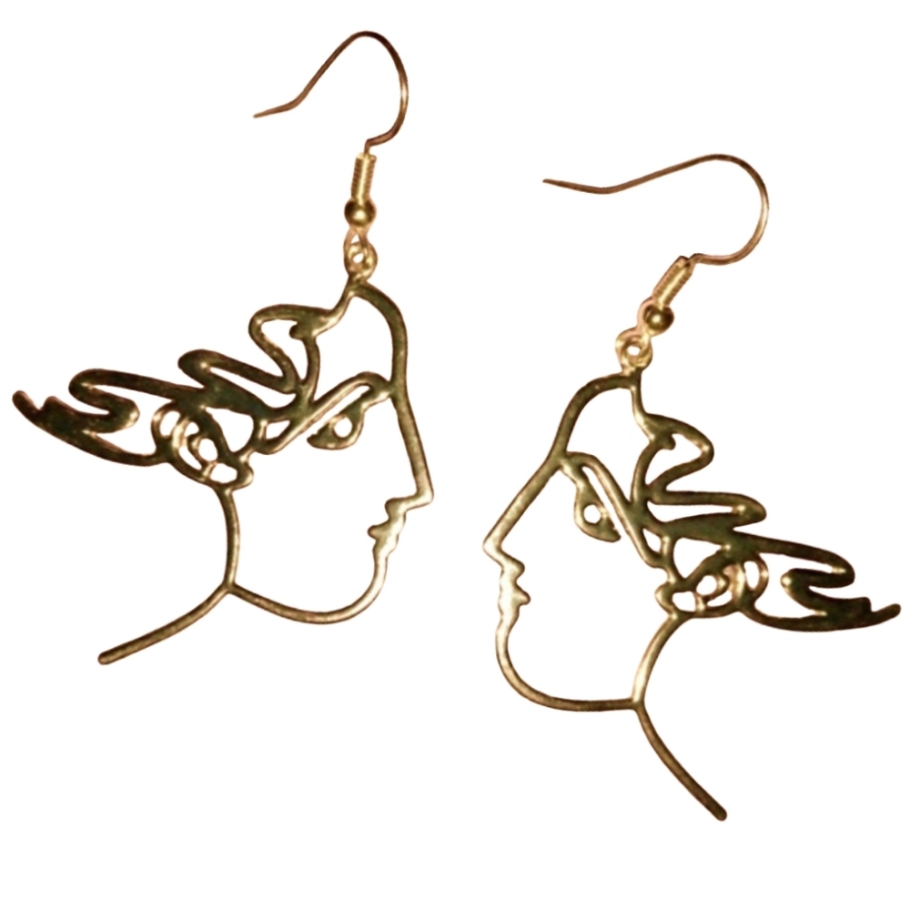 Abstract Woman Vintage Face and Hair Gold Lady Earrings Artistic Line Art Girl